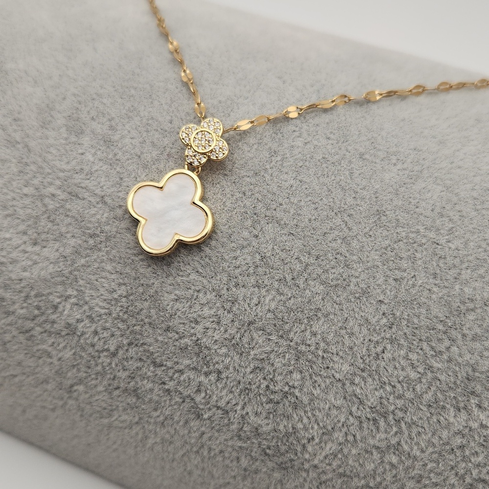 18K Gold Plated Stainless Steel Double  Clover Pendant Necklace, Pearl White
